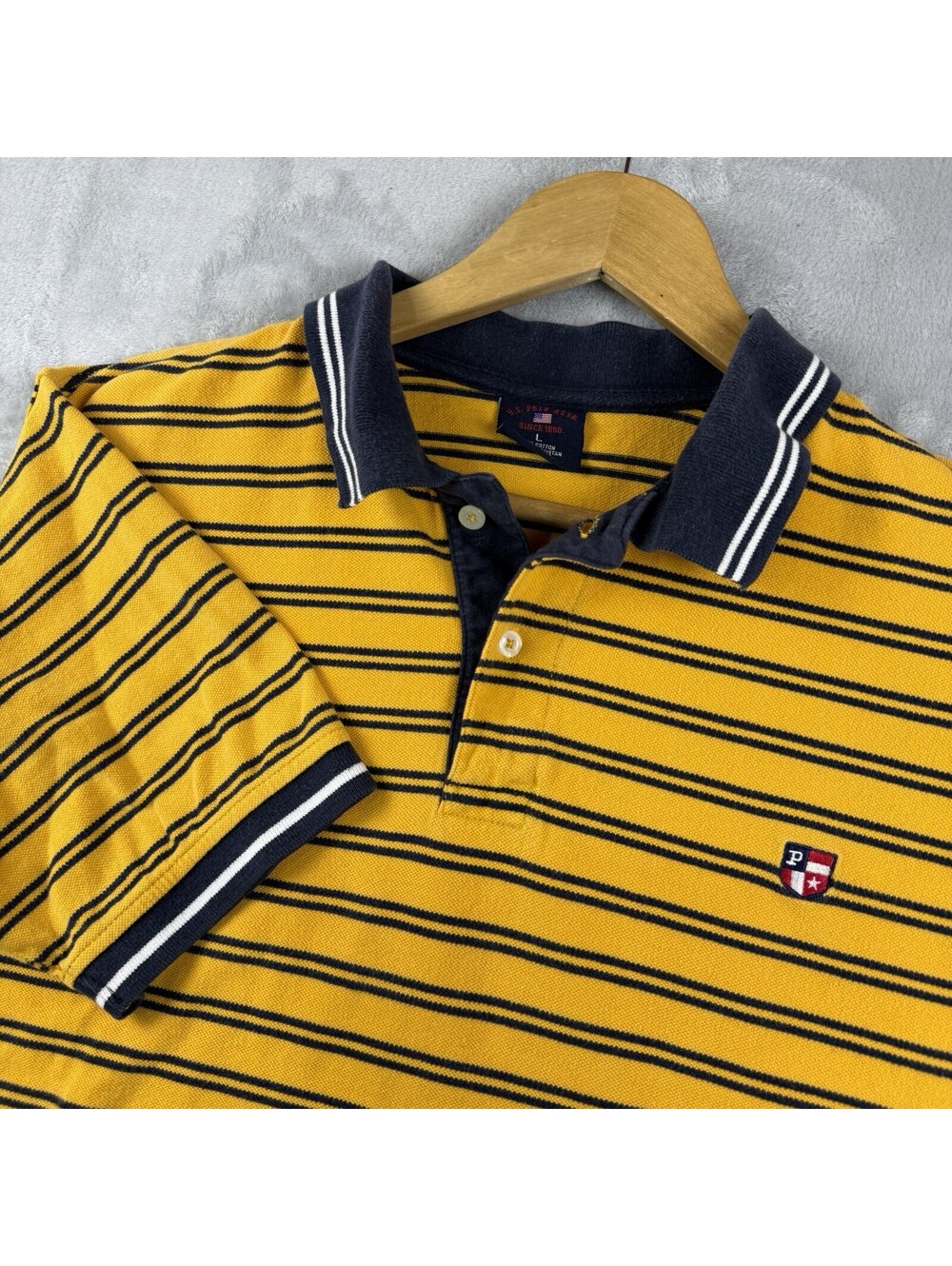 US Polo Assn Men’s L Yellow Navy Striped Polo Shirt Crest Logo Cotton Skate Y2K